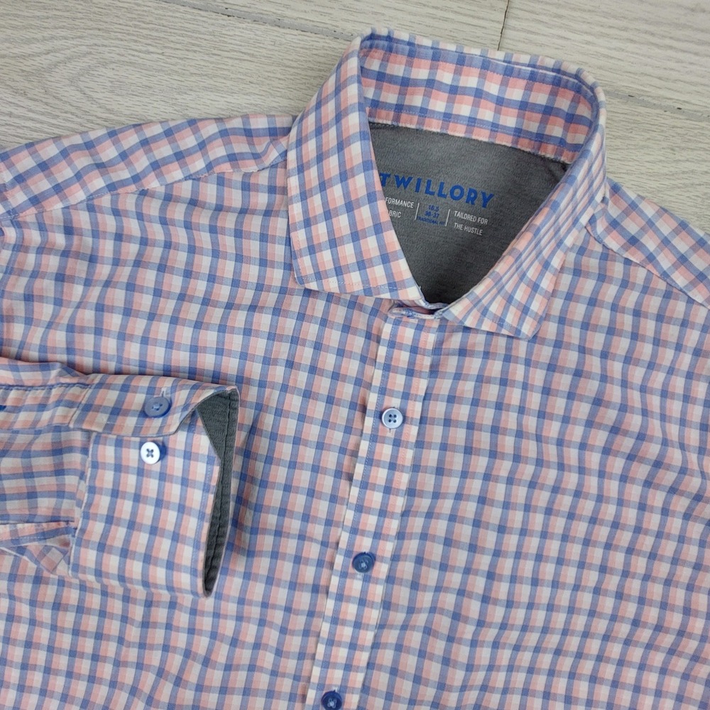 Twillory Dress Shirt Mens 16.5 36-37 Pink Blue Gingham Performance Traditional